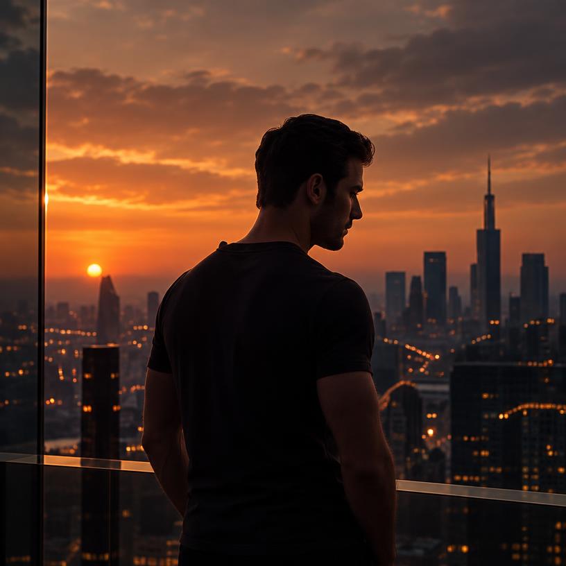 Man reflecting against a city skyline at dusk