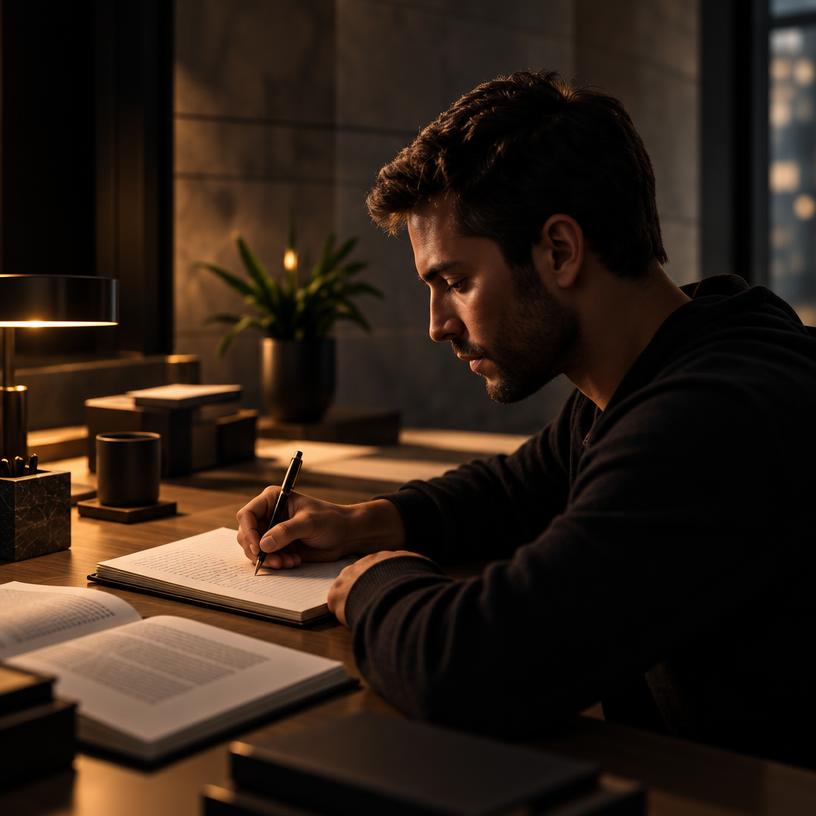Man writing in a notebook at a desk